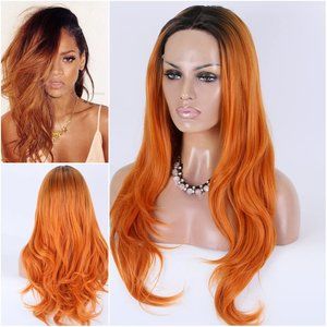 Orange With Black Roots Lace Front Wigs